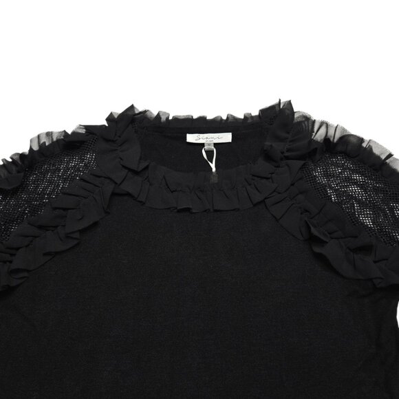 Sioni Milano Sweater Women Medium Black Short Sleeve Ruffle Mesh Knit Whimsigoth - Picture 6 of 13